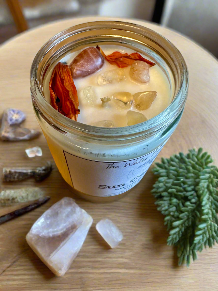 Sun Goddess | Tropical Coconut Banana | Sunstone + Citrine | Reiki Crystal Candle