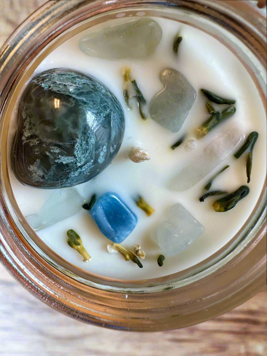 Enchanted Earth | Oakmoss Amber Sage | Moss Agate + Aquamarine | Reiki Crystal Candle