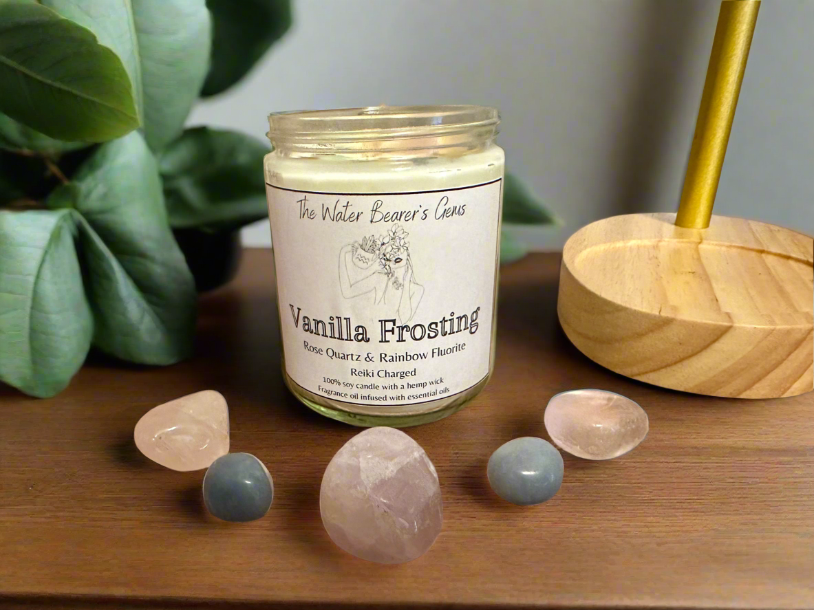 Vanilla Frosting | Vanilla Sugar Buttercream | Rose Quartz + Rainbow Fluorite | Reiki Crystal Candle