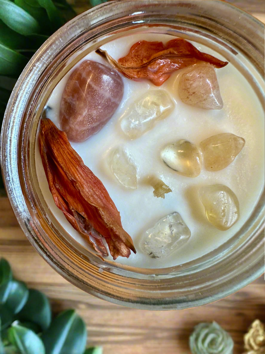 Sun Goddess | Tropical Coconut Banana | Sunstone + Citrine | Reiki Crystal Candle
