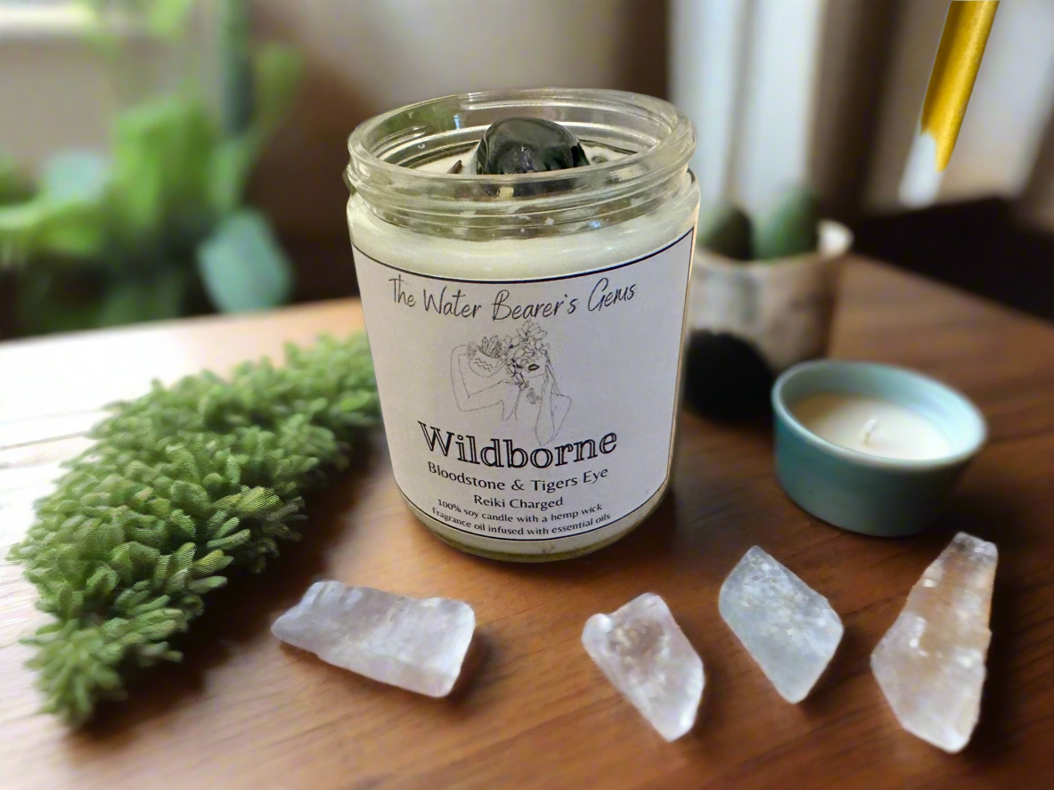 Wildborne | Leather Grass Patchouli | Bloodstone + Tigers Eye | Reiki Crystal Candle