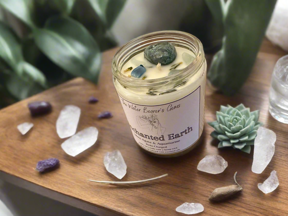 Enchanted Earth | Oakmoss Amber Sage | Moss Agate + Aquamarine | Reiki Crystal Candle