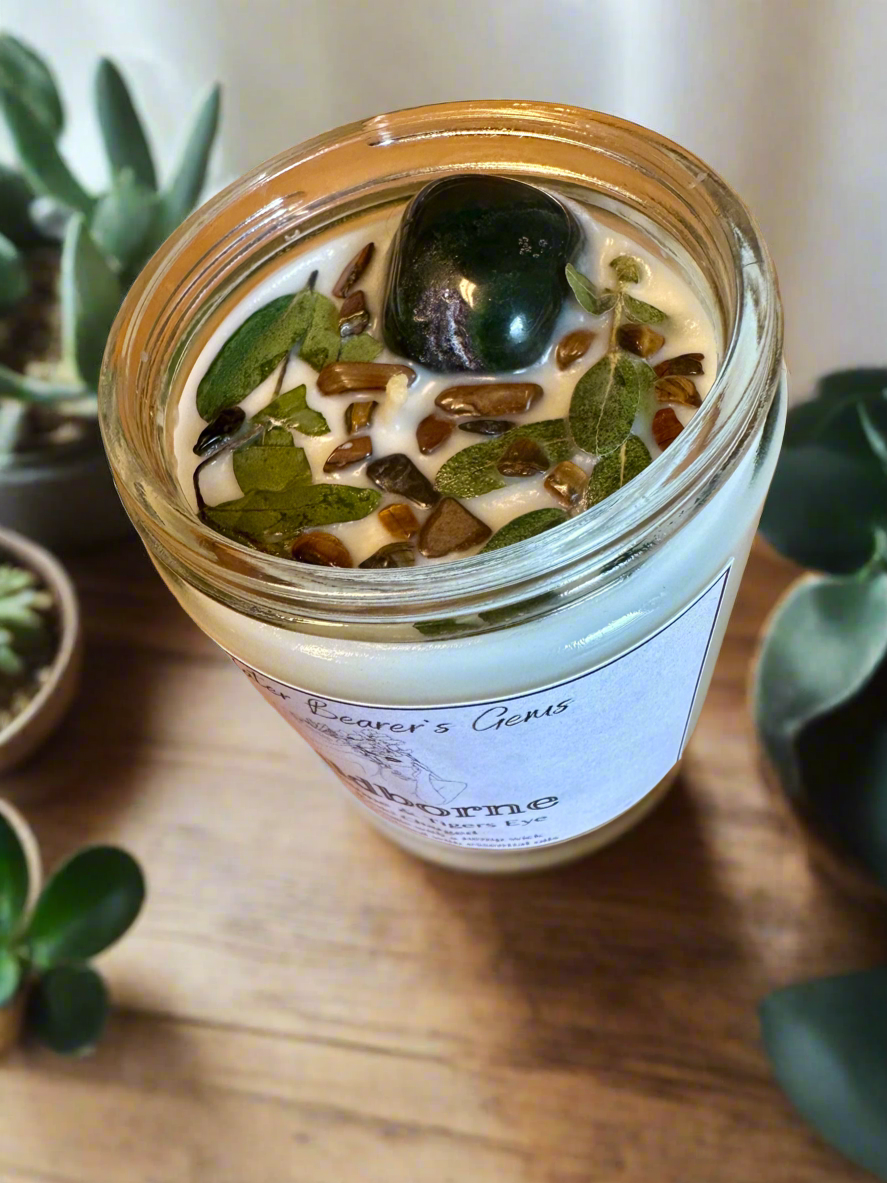 Wildborne | Leather Grass Patchouli | Bloodstone + Tigers Eye | Reiki Crystal Candle