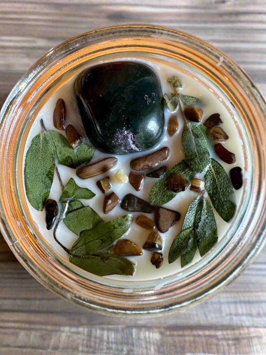 Wildborne | Leather Grass Patchouli | Bloodstone + Tigers Eye | Reiki Crystal Candle