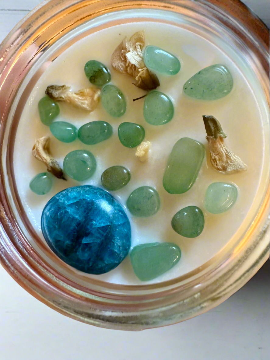 Morning Dew | Eucalyptus Sage | Blue Apatite + Green Aventurine | Reiki Crystal Candle