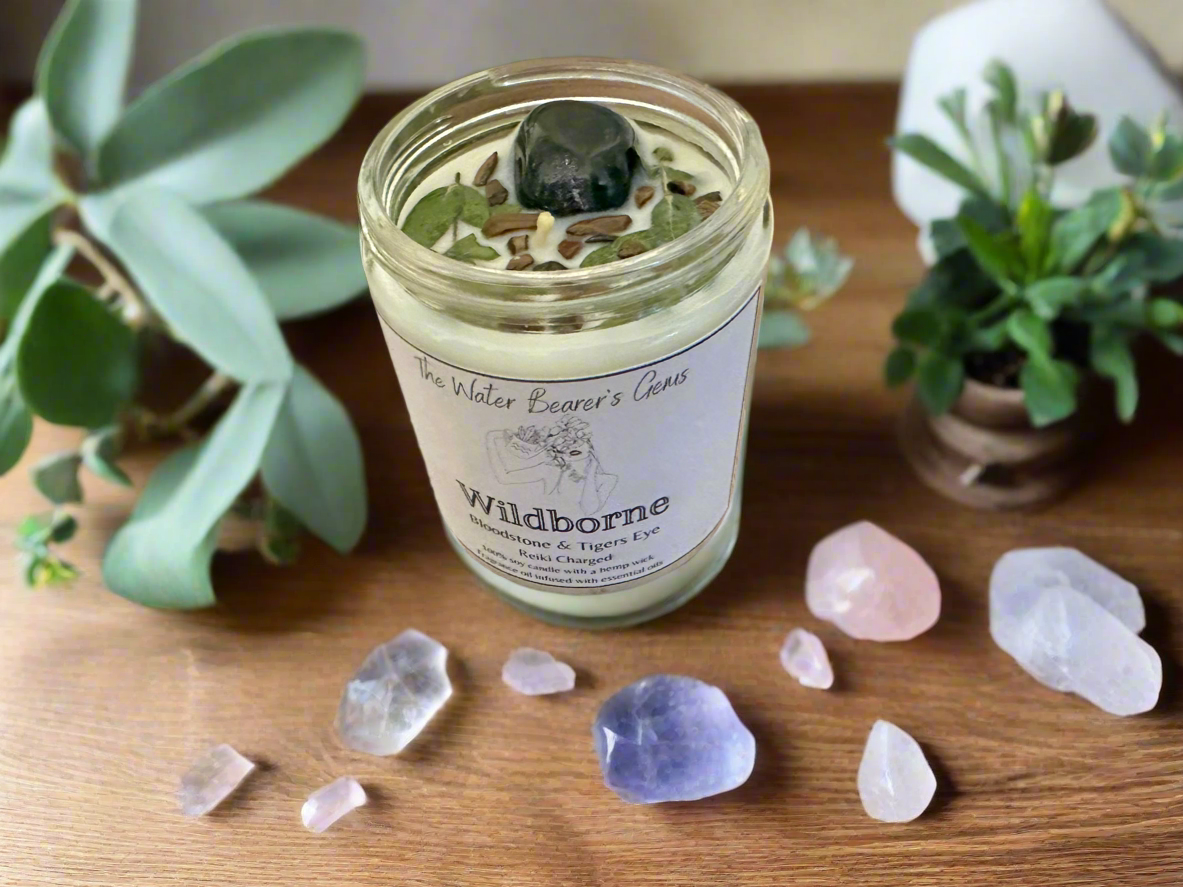 Wildborne | Leather Grass Patchouli | Bloodstone + Tigers Eye | Reiki Crystal Candle