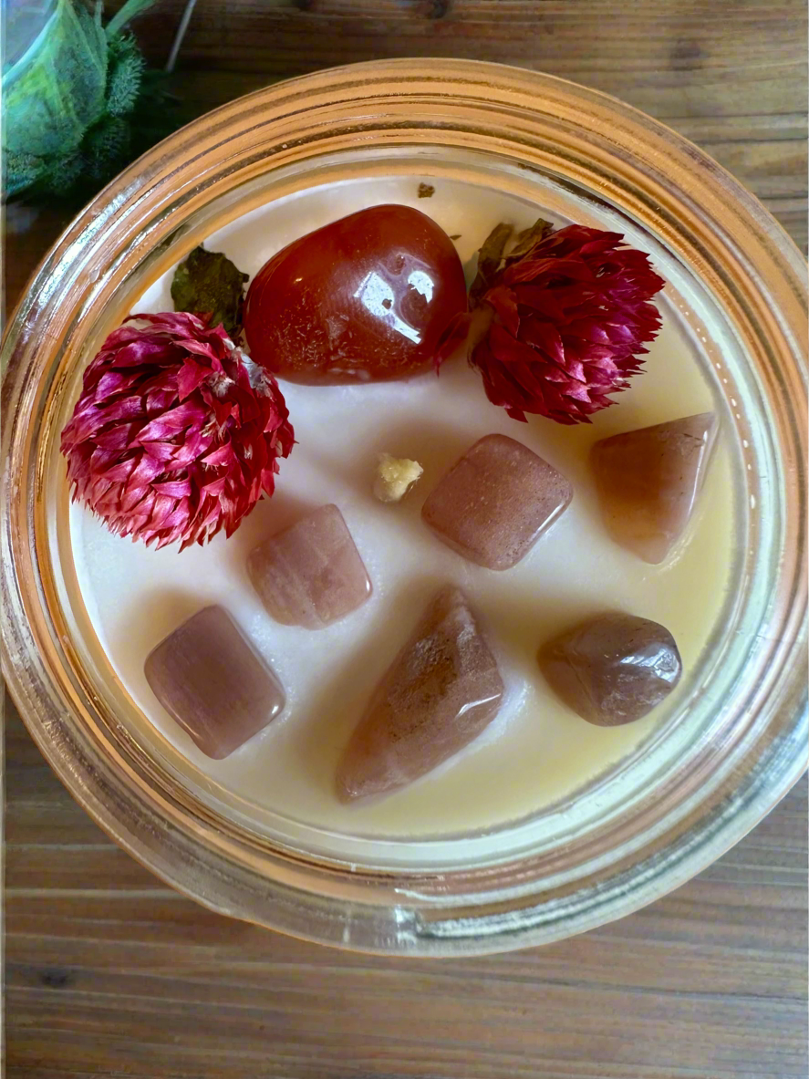 Late Bloom | Plum Pear Cinnamon | Carnelian + Peach Moonstone | Reiki Crystal Candle