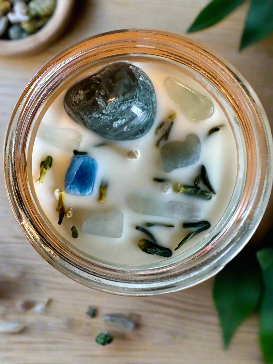 Enchanted Earth | Oakmoss Amber Sage | Moss Agate + Aquamarine | Reiki Crystal Candle