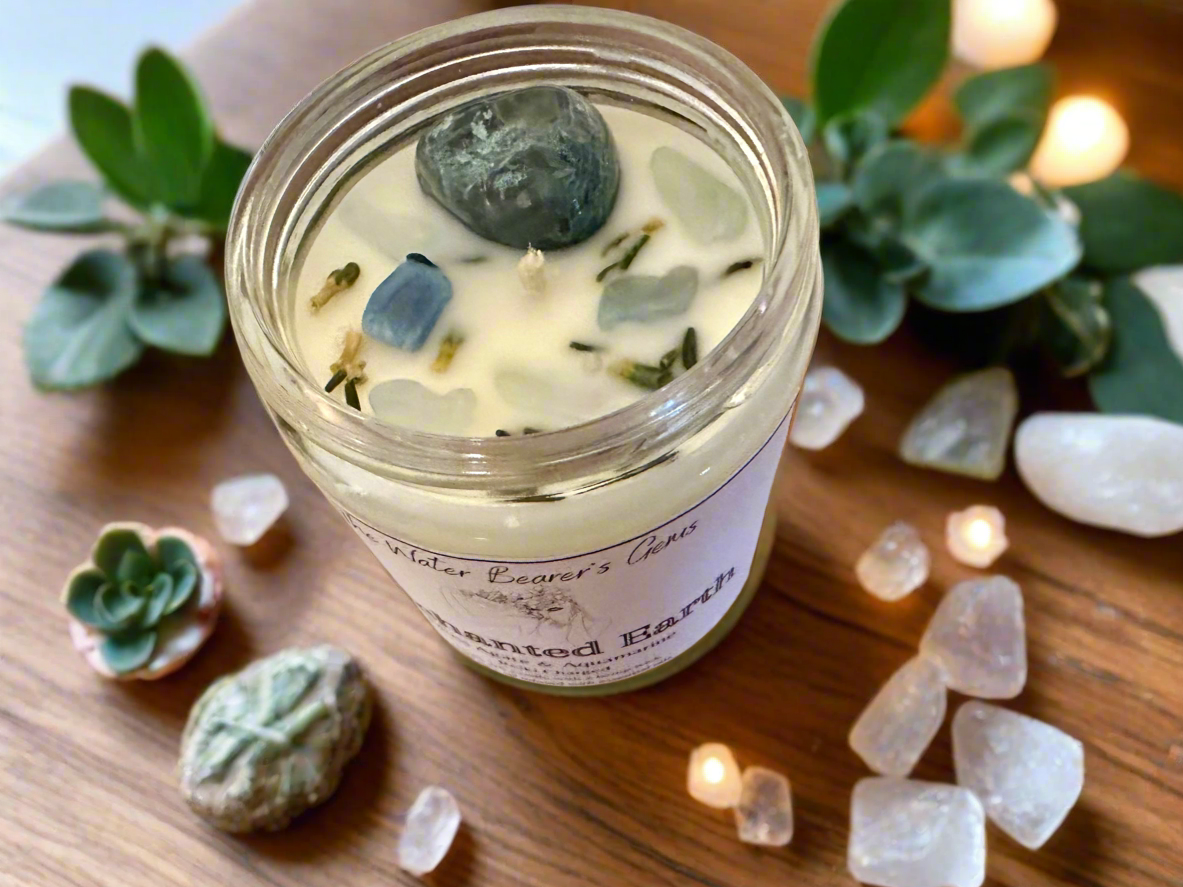 Enchanted Earth | Oakmoss Amber Sage | Moss Agate + Aquamarine | Reiki Crystal Candle