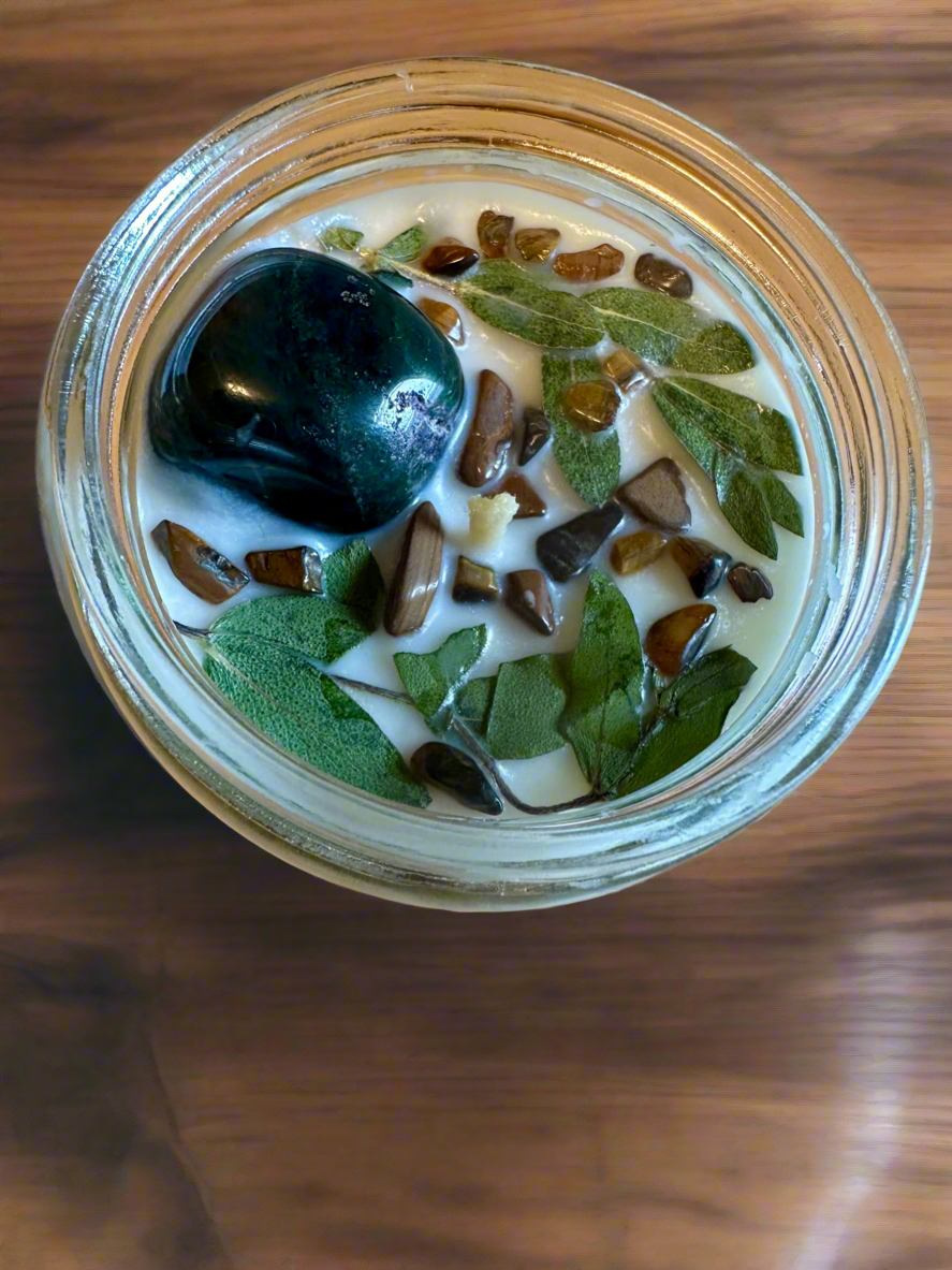 Wildborne | Leather Grass Patchouli | Bloodstone + Tigers Eye | Reiki Crystal Candle