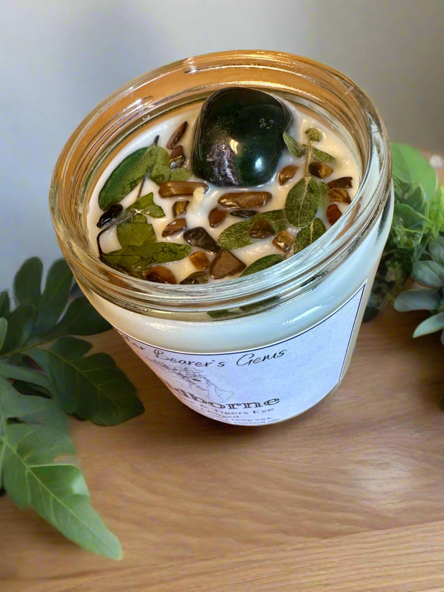 Wildborne | Leather Grass Patchouli | Bloodstone + Tigers Eye | Reiki Crystal Candle