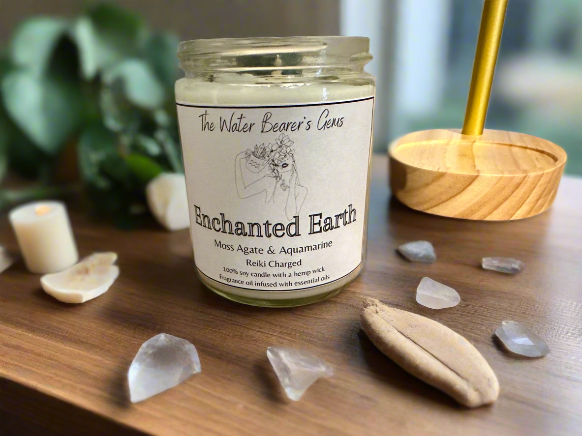 Enchanted Earth | Oakmoss Amber Sage | Moss Agate + Aquamarine | Reiki Crystal Candle