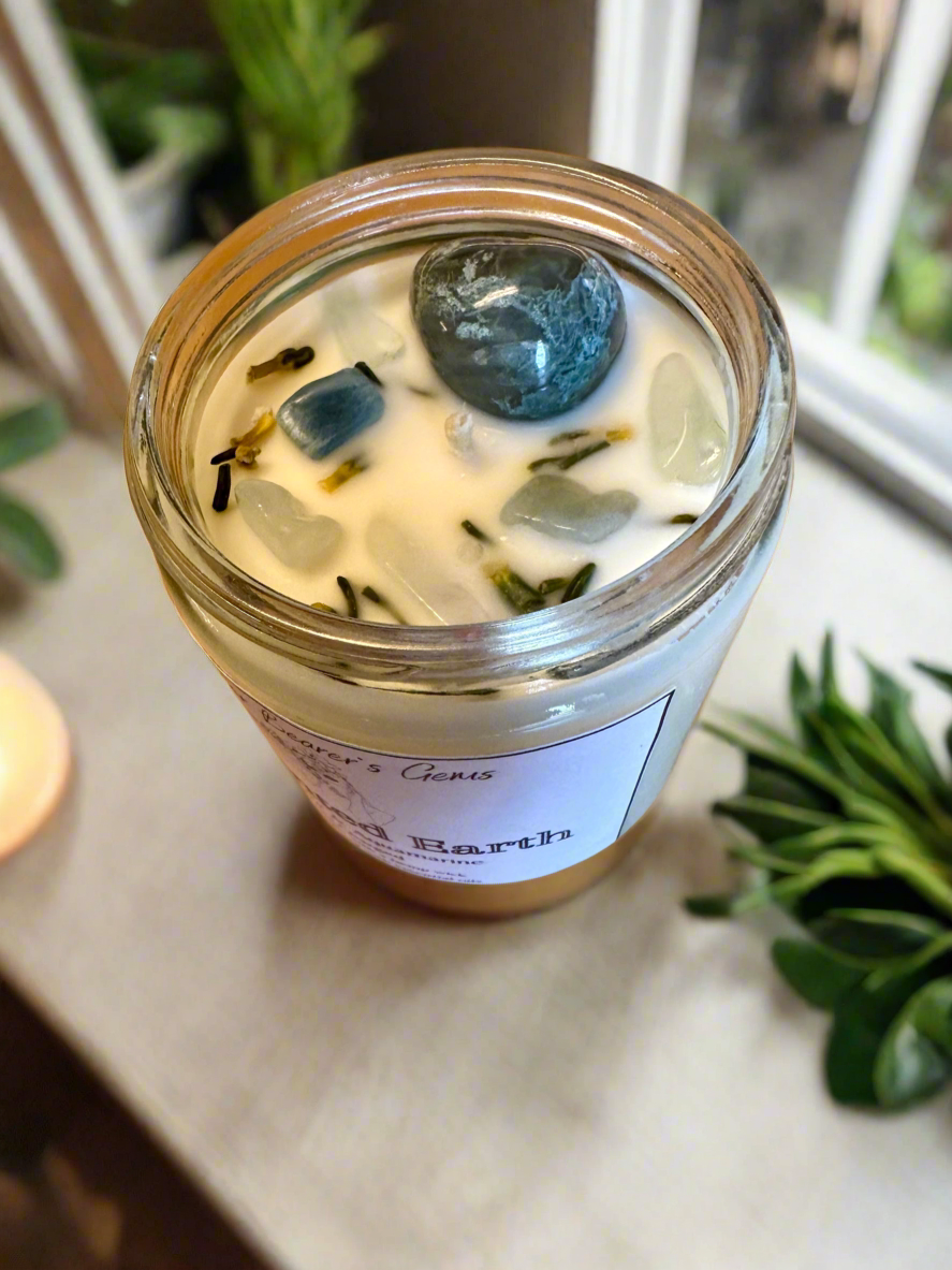 Enchanted Earth | Oakmoss Amber Sage | Moss Agate + Aquamarine | Reiki Crystal Candle
