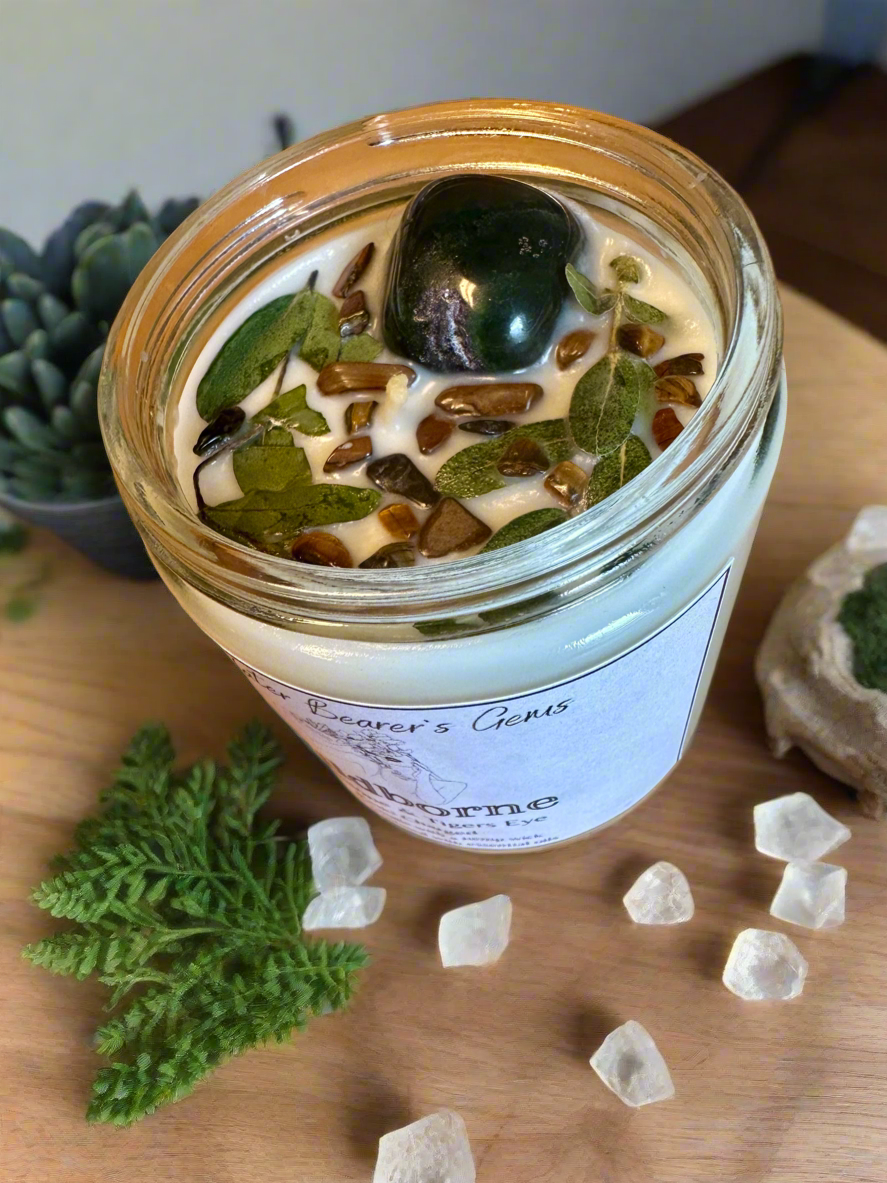 Wildborne | Leather Grass Patchouli | Bloodstone + Tigers Eye | Reiki Crystal Candle