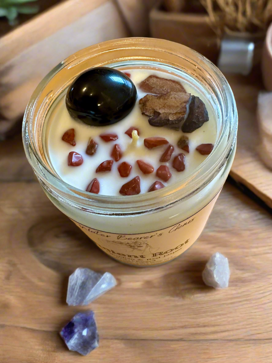 Ancient Root | Sandalwood Amber Musk | Black Tourmaline + Red Jasper | Reiki Crystal Candle