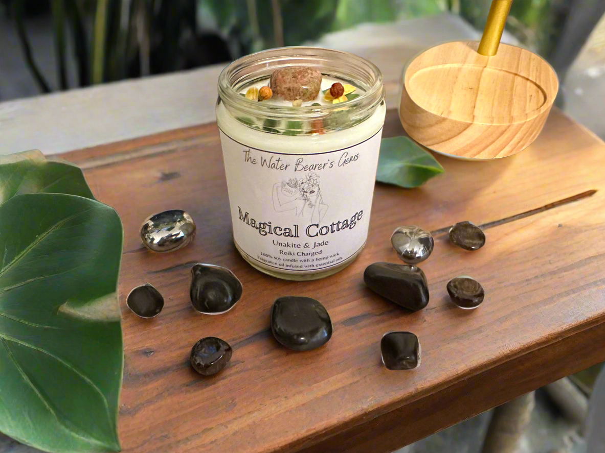 Magical Cottage | Oakmoss Sage Cedar | Unakite + Jade | Reiki Crystal Candle