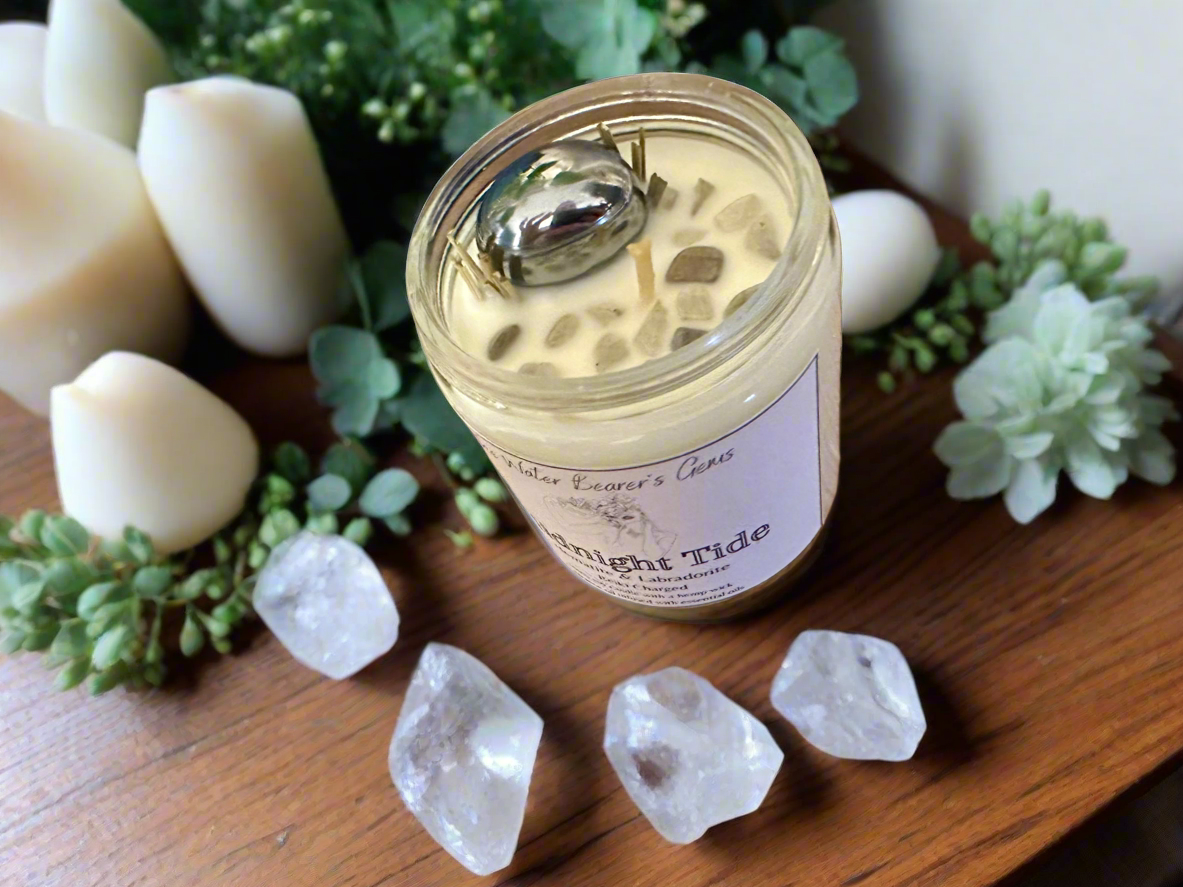 Midnight Tide | Masculine Ocean Vetiver | Hematite + Labradorite | Reiki Crystal Candle