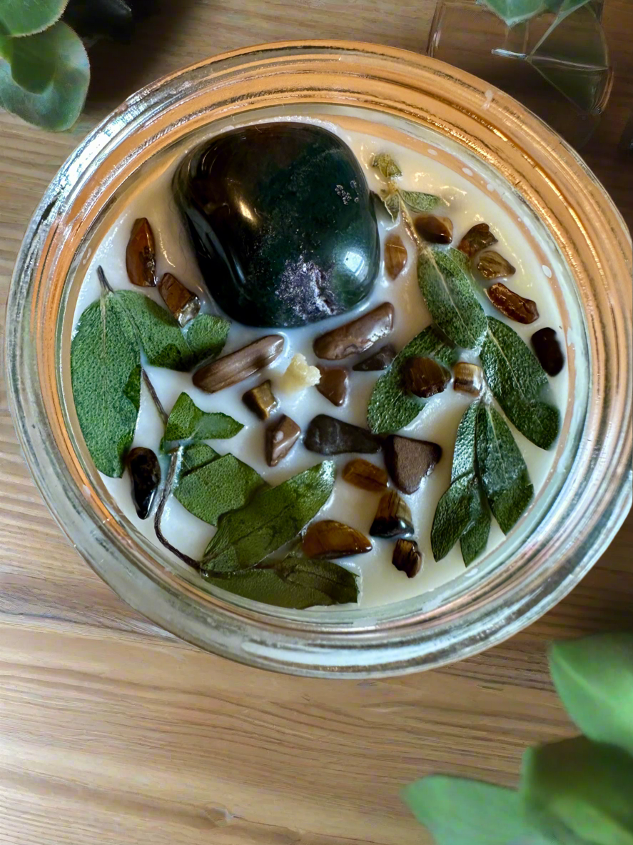 Wildborne | Leather Grass Patchouli | Bloodstone + Tigers Eye | Reiki Crystal Candle