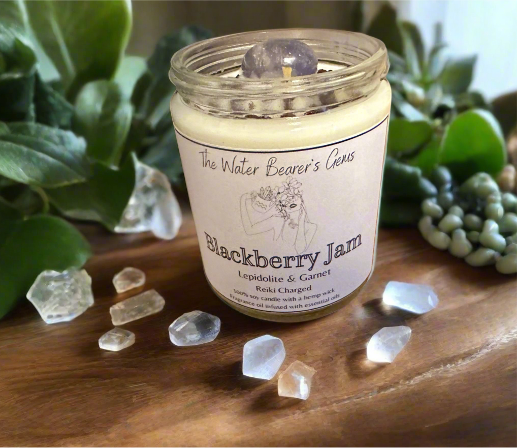 Blackberry Jam | Blackberry Plum | Lepidolite + Garnet | Reiki Crystal Candle