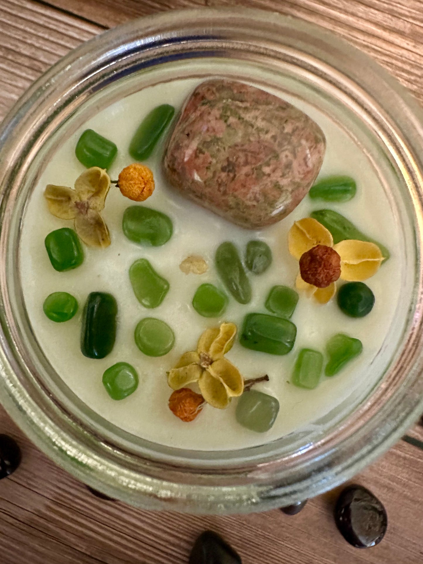 Magical Cottage | Oakmoss Sage Cedar | Unakite + Jade | Reiki Crystal Candle