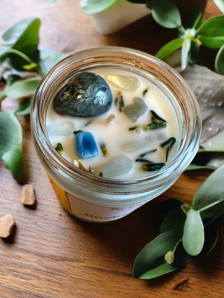 Enchanted Earth | Oakmoss Amber Sage | Moss Agate + Aquamarine | Reiki Crystal Candle