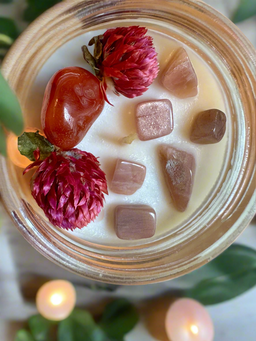 Late Bloom | Plum Pear Cinnamon | Carnelian + Peach Moonstone | Reiki Crystal Candle