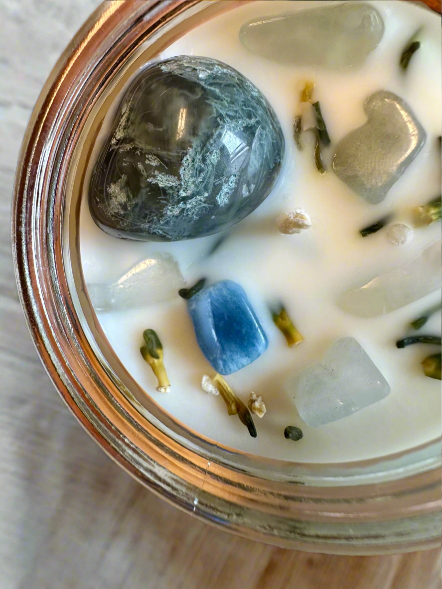 Enchanted Earth | Oakmoss Amber Sage | Moss Agate + Aquamarine | Reiki Crystal Candle