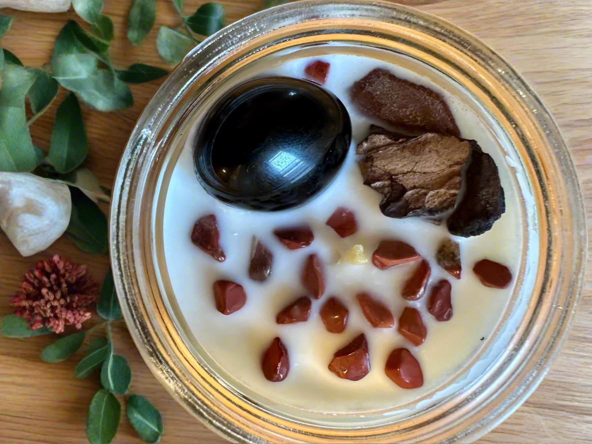 Ancient Root | Sandalwood Amber Musk | Black Tourmaline + Red Jasper | Reiki Crystal Candle
