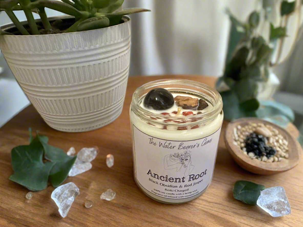 Ancient Root | Sandalwood Amber Musk | Black Tourmaline + Red Jasper | Reiki Crystal Candle