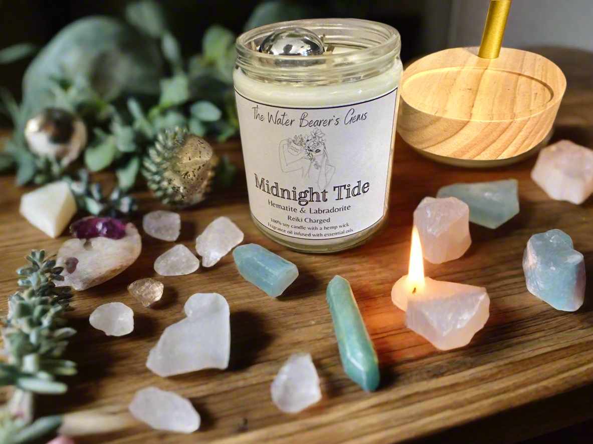Midnight Tide | Masculine Ocean Vetiver | Hematite + Labradorite | Reiki Crystal Candle