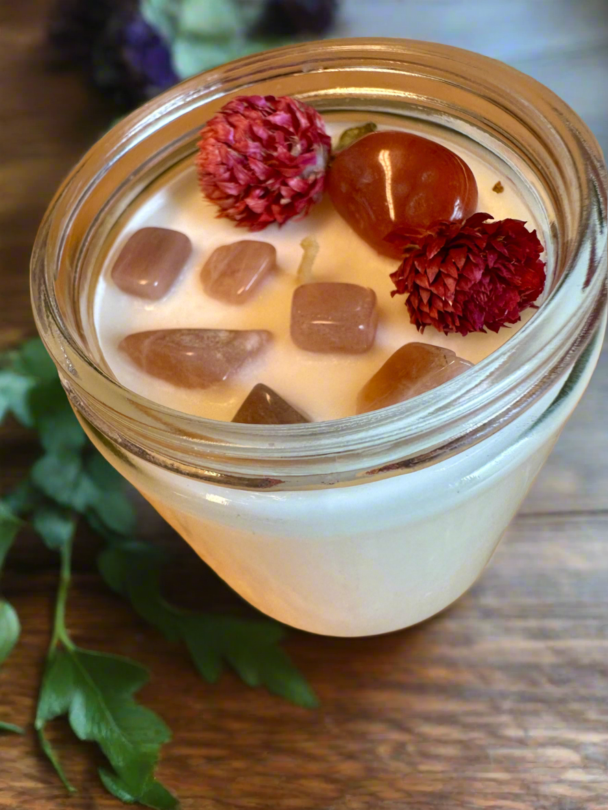 Late Bloom | Plum Pear Cinnamon | Carnelian + Peach Moonstone | Reiki Crystal Candle