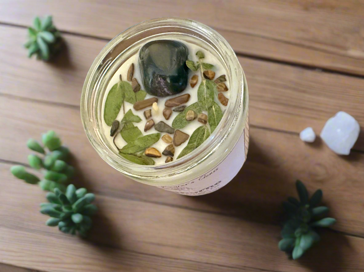 Wildborne | Leather Grass Patchouli | Bloodstone + Tigers Eye | Reiki Crystal Candle