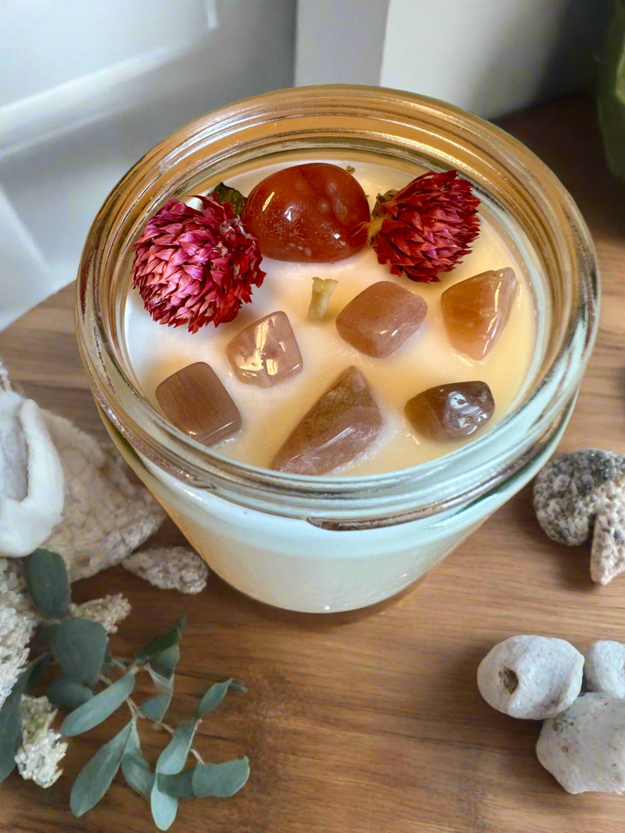 Late Bloom | Plum Pear Cinnamon | Carnelian + Peach Moonstone | Reiki Crystal Candle