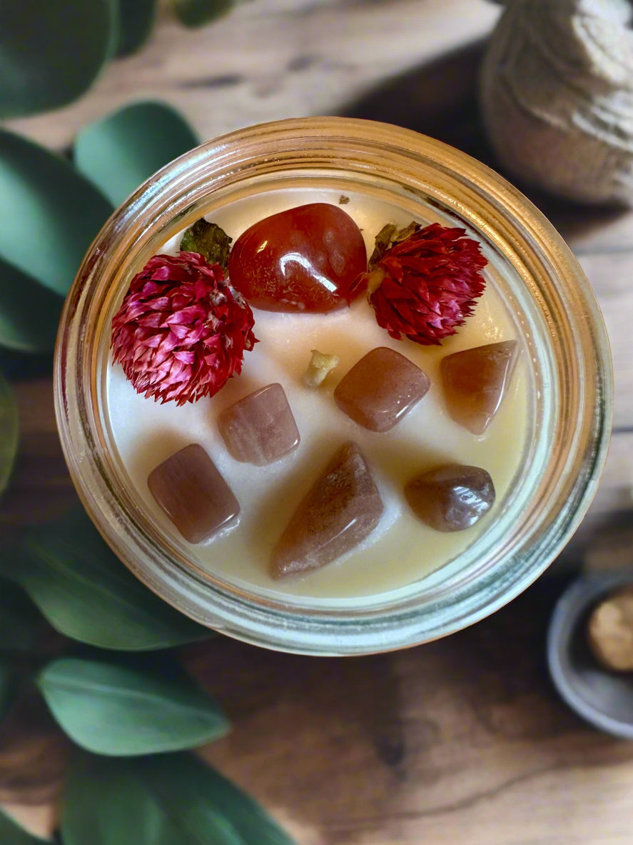 Late Bloom | Plum Pear Cinnamon | Carnelian + Peach Moonstone | Reiki Crystal Candle