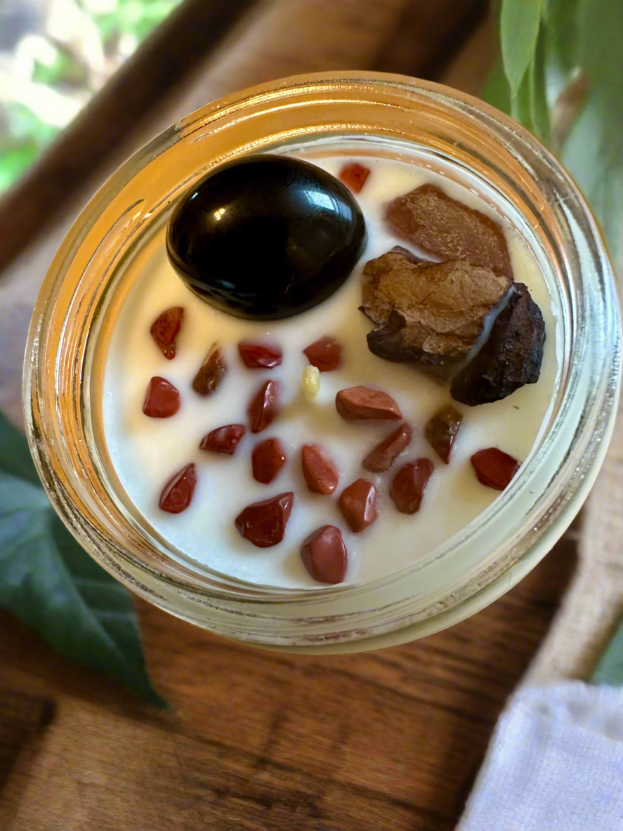 Ancient Root | Sandalwood Amber Musk | Black Tourmaline + Red Jasper | Reiki Crystal Candle