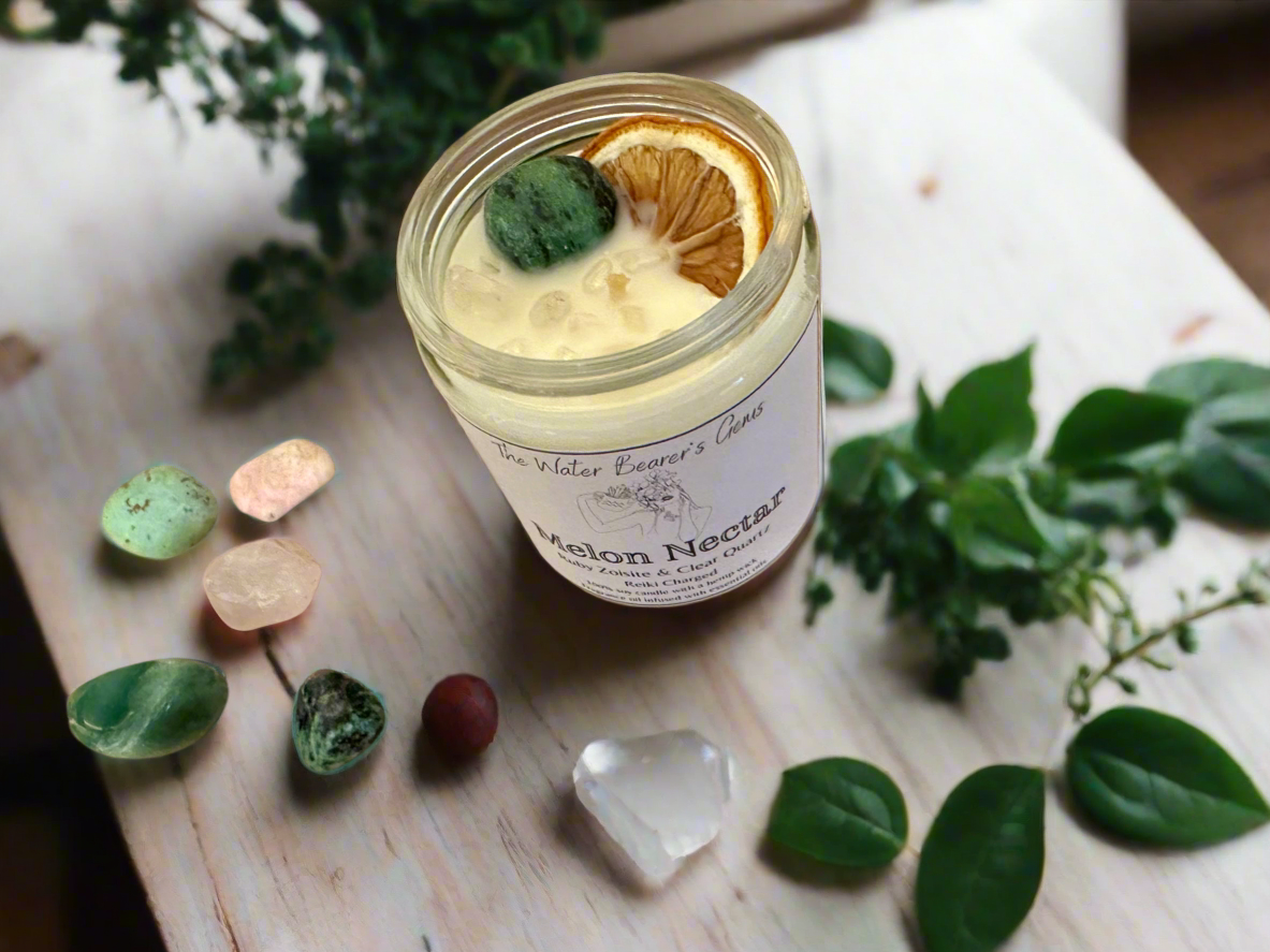 Melon Nectar | Watermelon Lemonade | Ruby Zoisite + Clear Quartz | Reiki Crystal Candle