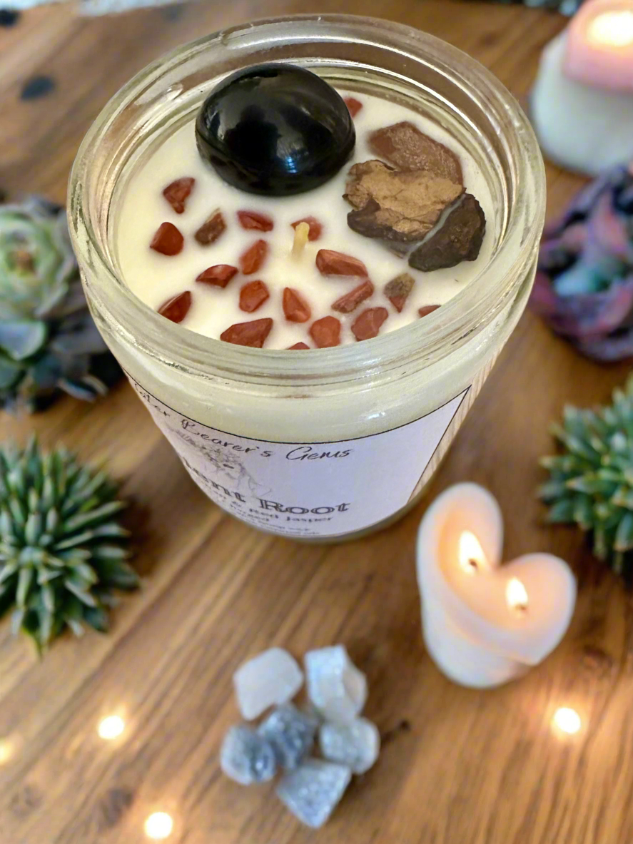 Ancient Root | Sandalwood Amber Musk | Black Tourmaline + Red Jasper | Reiki Crystal Candle