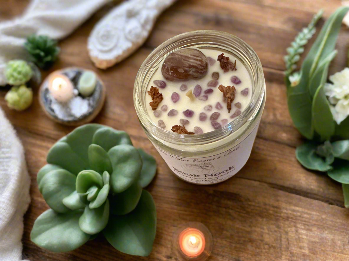 Book Nook | Cedar Leather Sandalwood | Petrified Wood + Amethyst | Reiki Crystal Candle