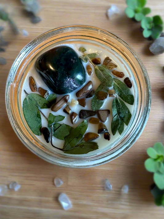 Wildborne | Leather Grass Patchouli | Bloodstone + Tigers Eye | Reiki Crystal Candle