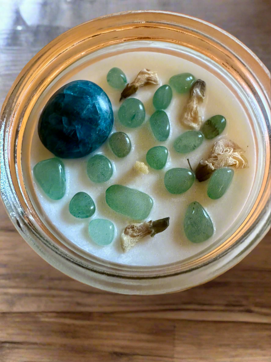 Morning Dew | Eucalyptus Sage | Blue Apatite + Green Aventurine | Reiki Crystal Candle