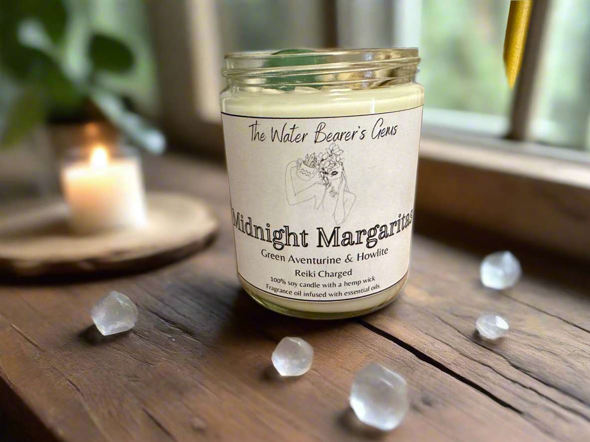 Midnight Margaritas | Lime Coconut Pineapple | Green Aventurine + Howlite | Reiki Crystal Candle