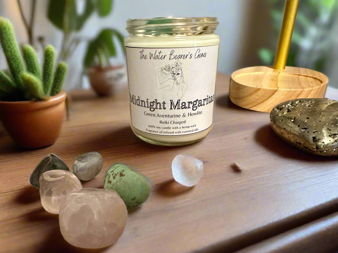 Midnight Margaritas | Lime Coconut Pineapple | Green Aventurine + Howlite | Reiki Crystal Candle