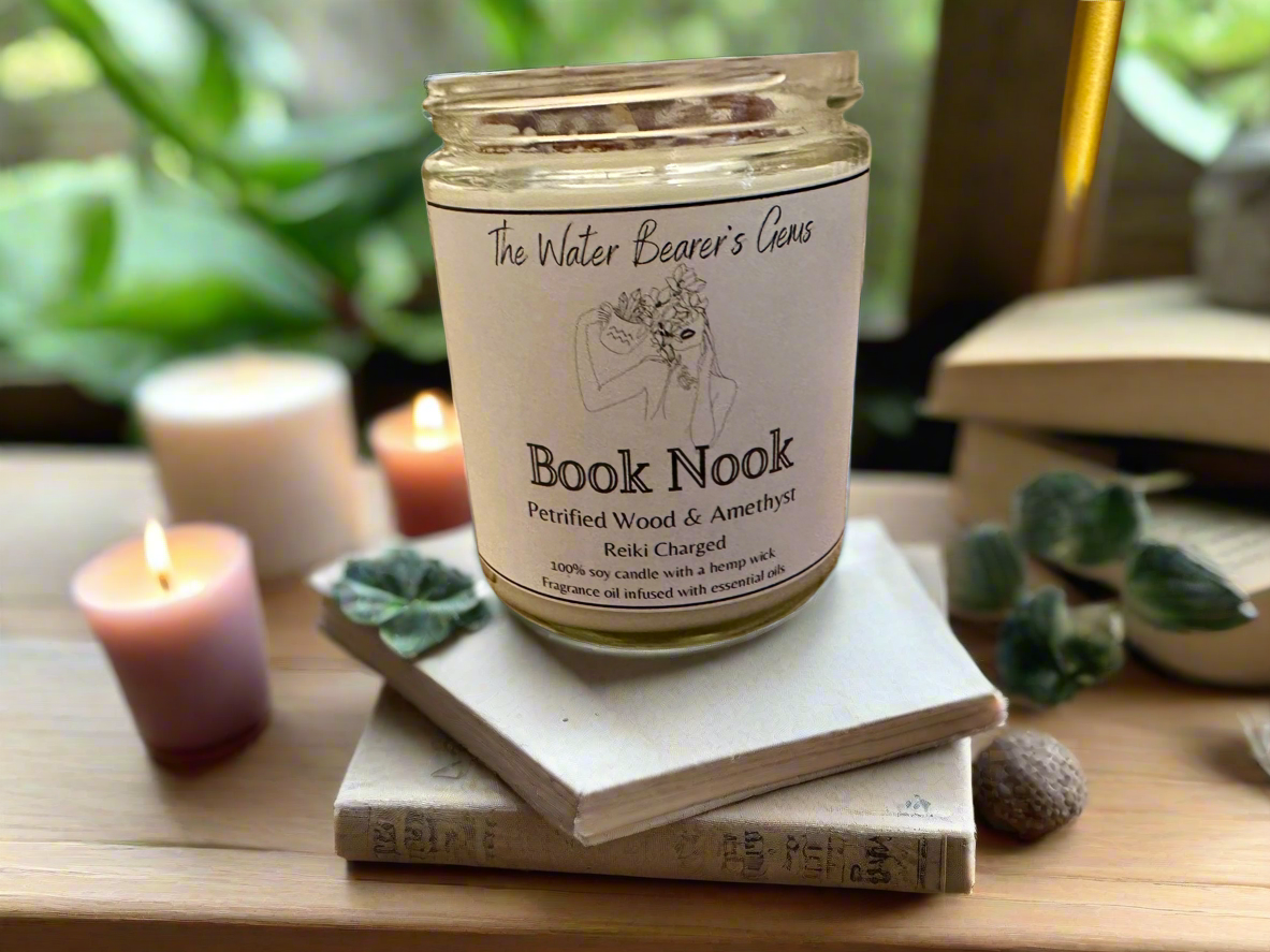 Book Nook | Cedar Leather Sandalwood | Petrified Wood + Amethyst | Reiki Crystal Candle