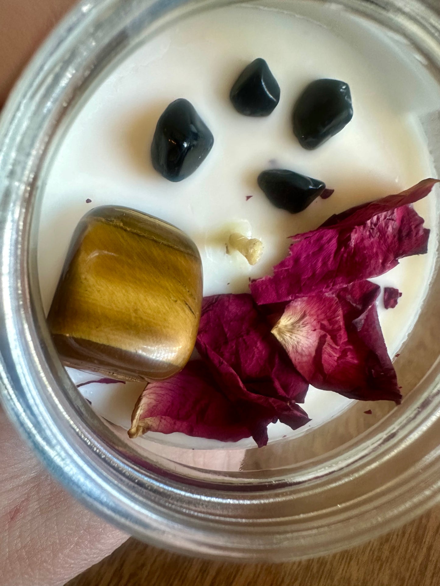 Dark Romance – Reiki-Charged Crystal Soy Candle with Tiger’s Eye & Black Obsidian