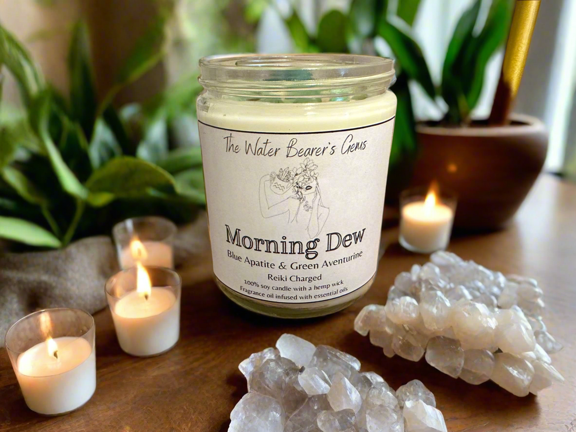 Morning Dew | Eucalyptus Sage | Blue Apatite + Green Aventurine | Reiki Crystal Candle