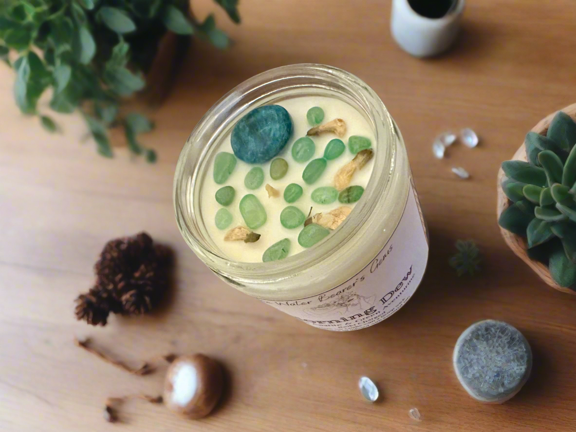 Morning Dew | Eucalyptus Sage | Blue Apatite + Green Aventurine | Reiki Crystal Candle