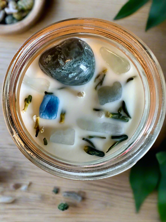 Enchanted Earth | Oakmoss Amber Sage | Moss Agate + Aquamarine | Reiki Crystal Candle