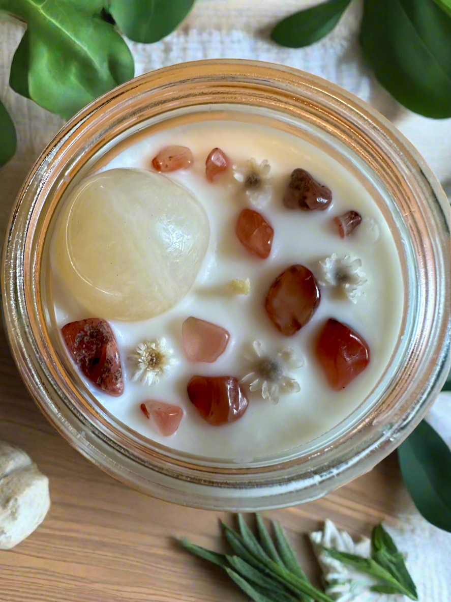 Golden Aura | Citrus Gardenia Coconut | Honey Calcite + Carnelian | Reiki Crystal Candle