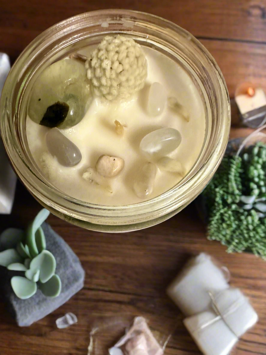 Pistachio Dreams | Nutty Vanilla Spice | Prehnite + Moonstone | Reiki Crystal Candle