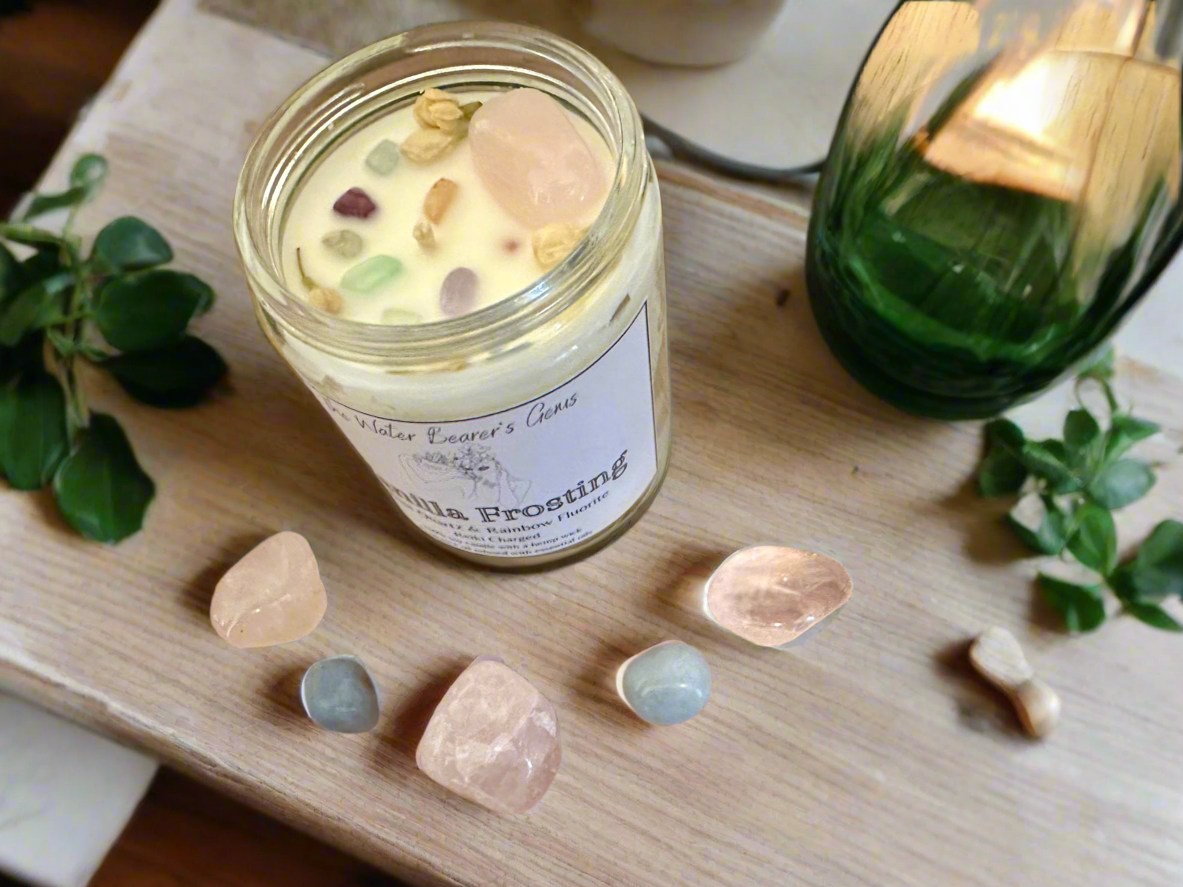Vanilla Frosting | Vanilla Sugar Buttercream | Rose Quartz + Rainbow Fluorite | Reiki Crystal Candle